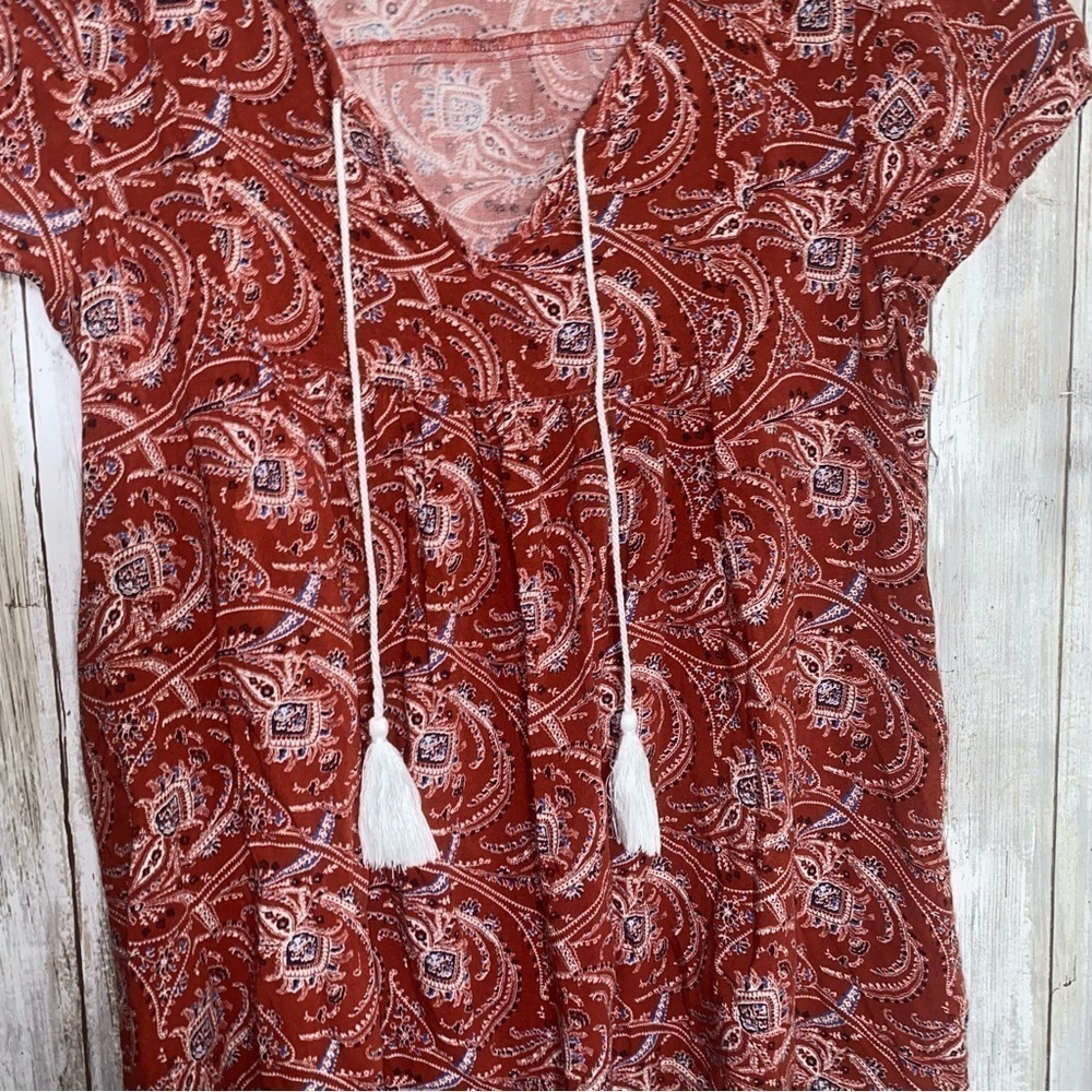 Abercrombie & Fitch Red Bandana Print Blouse Boho Paisley Tassel Tie Top Medium - Picture 3 of 5